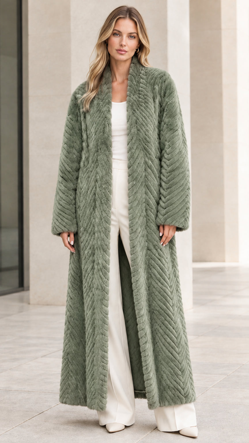 Front view of model wearing sage green chevron textured faux fur maxi coat