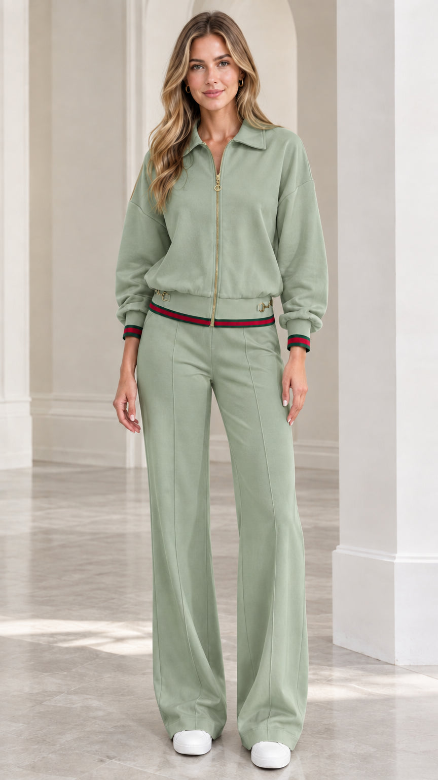 Full front view of women's sage green collared zip-up tracksuit set with wide-leg pants