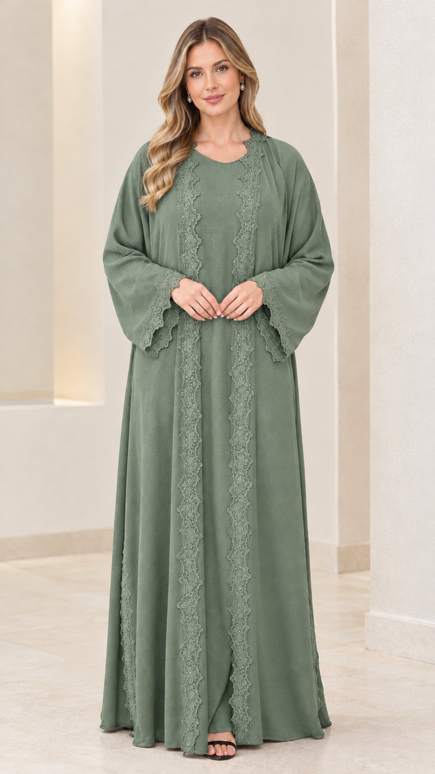 Front view of women's sage green lace-embellished abaya dress