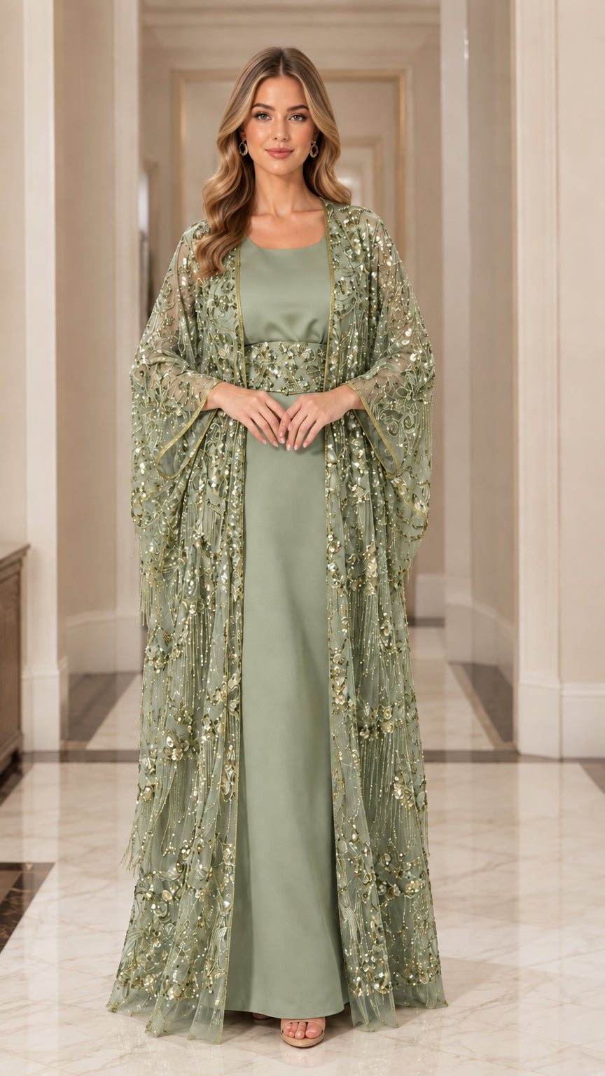 Sage green embellished two-piece kaftan evening dress set