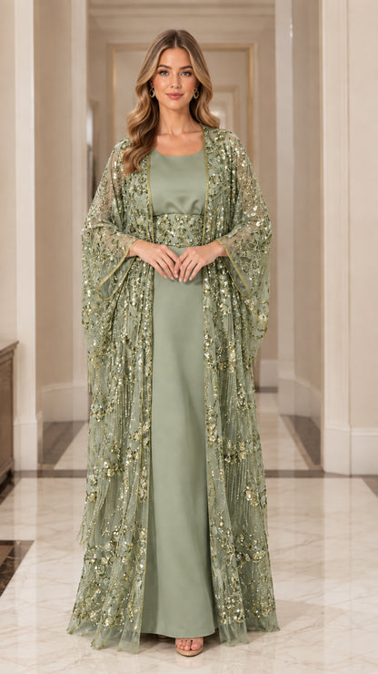 Sage green embellished two-piece kaftan evening dress set
