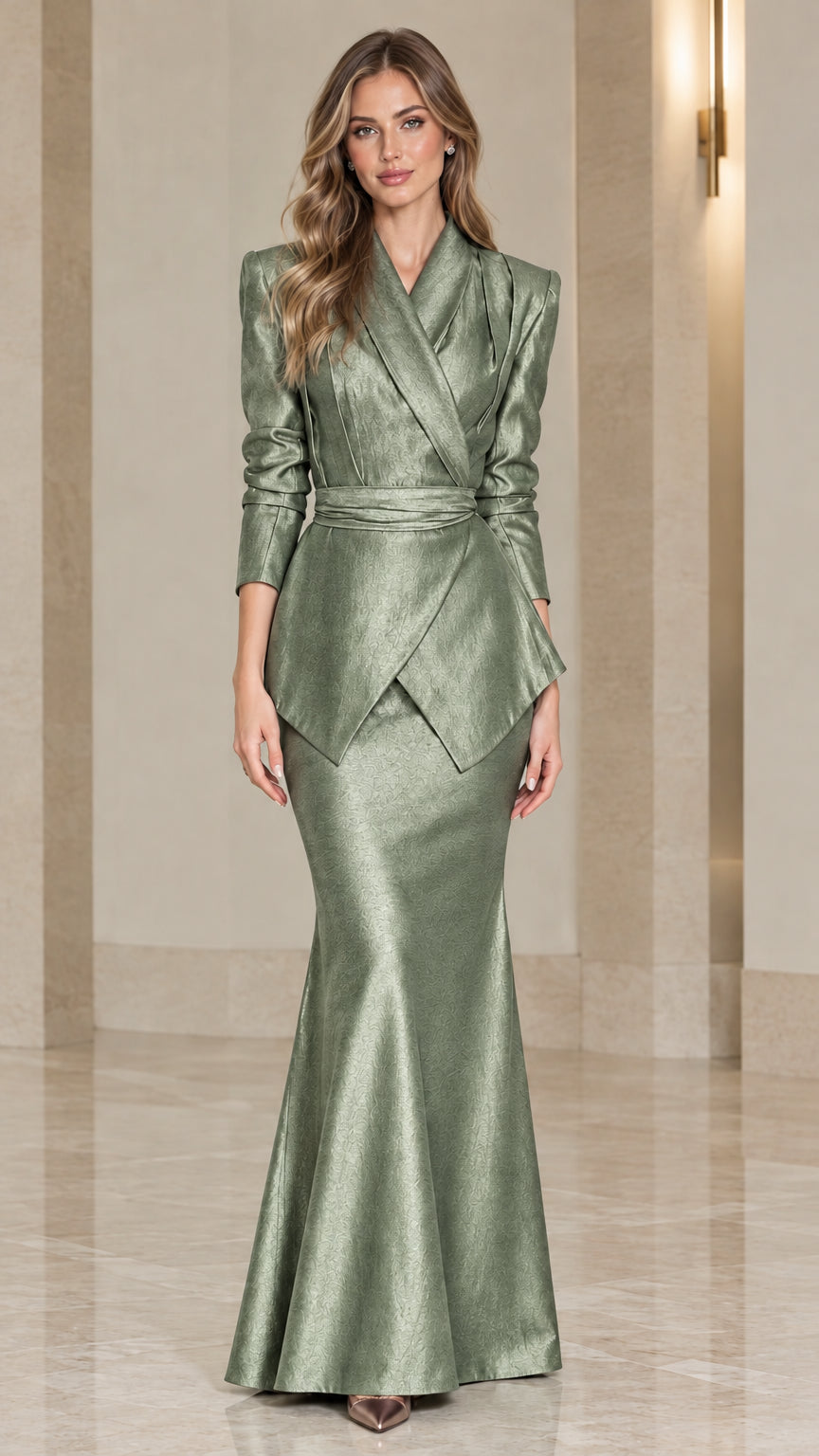 Front view of sage green metallic long sleeve peplum evening gown