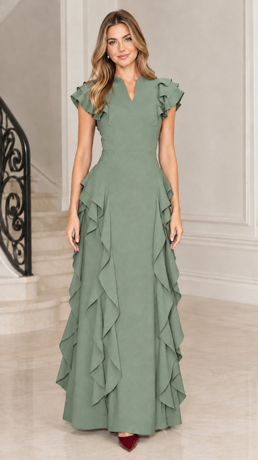 Full-length view of sage green flutter sleeve cascade ruffle maxi dress