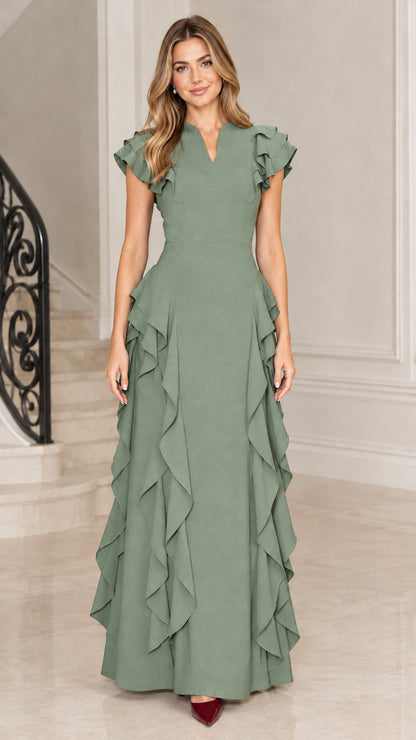 Full-length view of sage green flutter sleeve cascade ruffle maxi dress