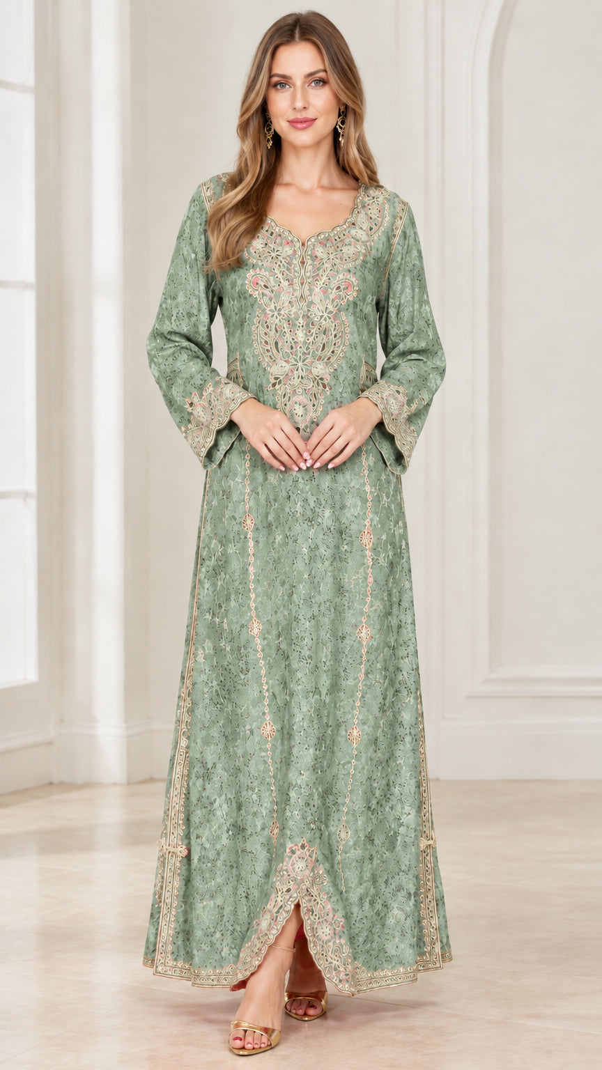 Full-length front view of woman wearing Sage Green embroidered kaftan gown