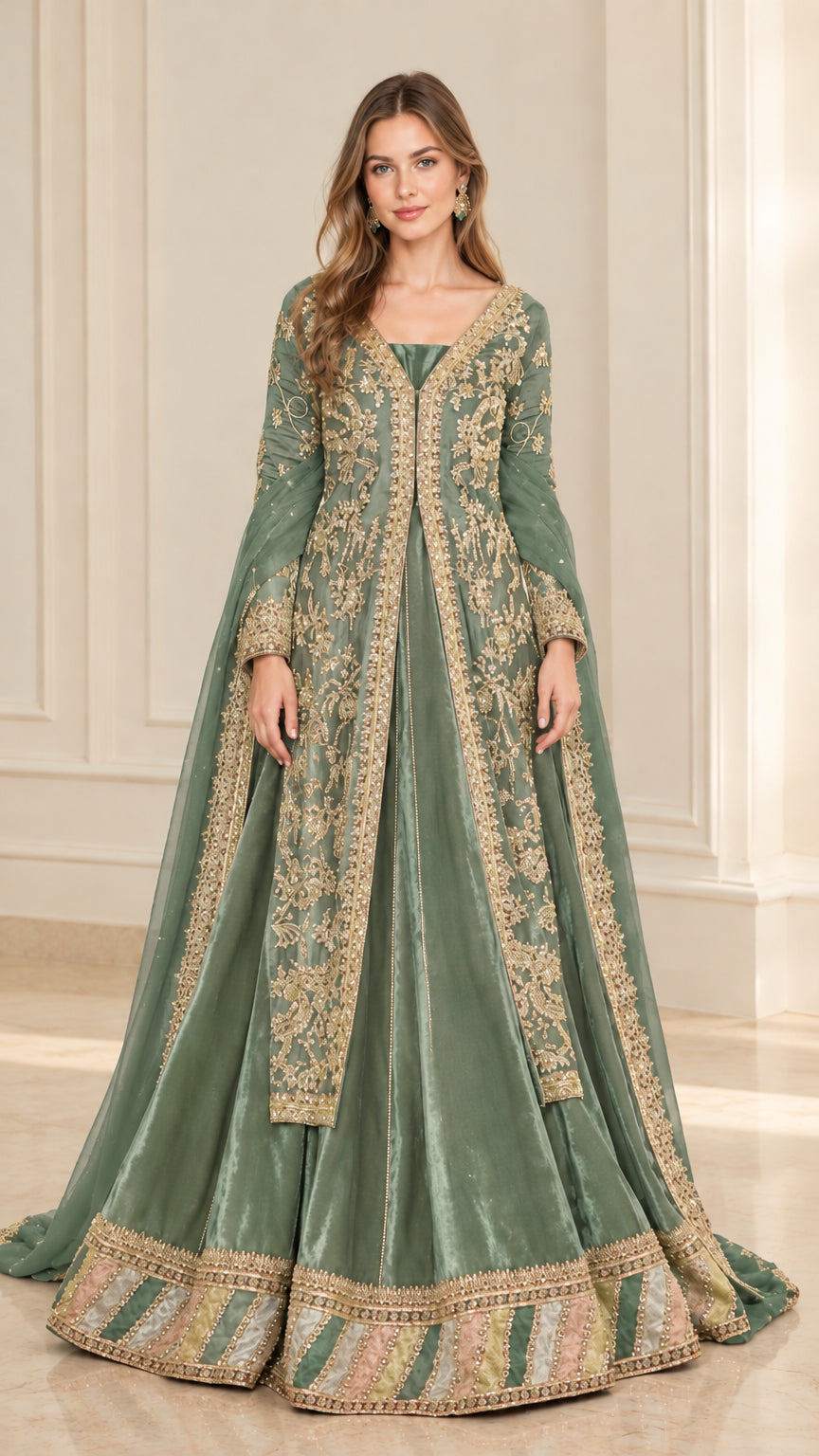 Sage green embroidered long sleeve floor-length maxi dress