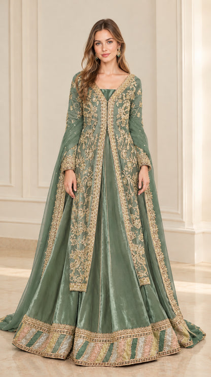 Sage green embroidered long sleeve floor-length maxi dress