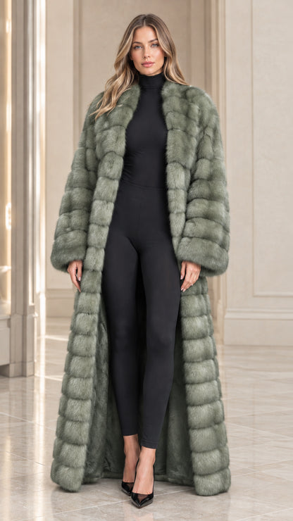 Front view of model wearing sage green full-length plush faux fur maxi coat