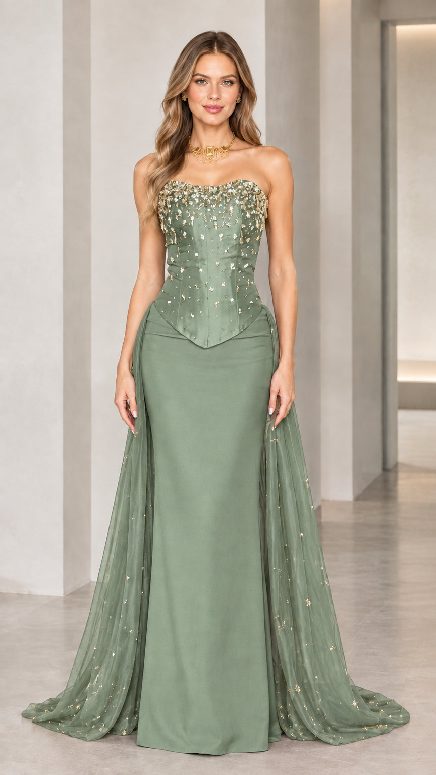 Model wearing sage green strapless beaded corset gown with sweeping train