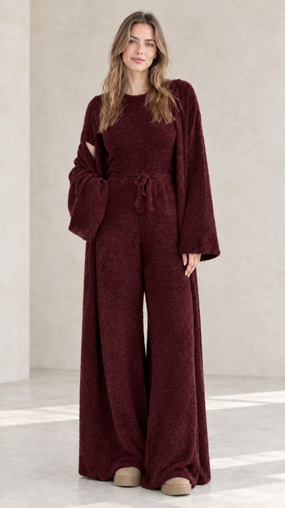 Burgundy wine 3-piece fuzzy knit loungewear set
