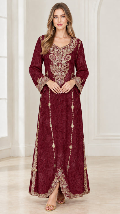 Full-length front view of woman wearing Burgundy wine embroidered maxi dress
