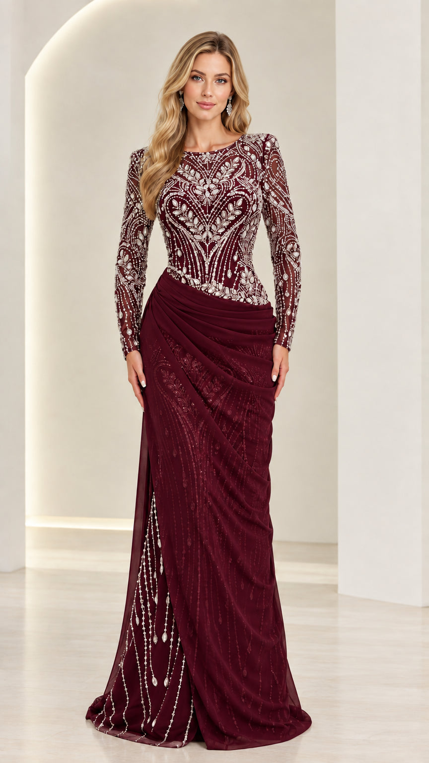 Burgundy wine red beaded long sleeve evening maxi dress