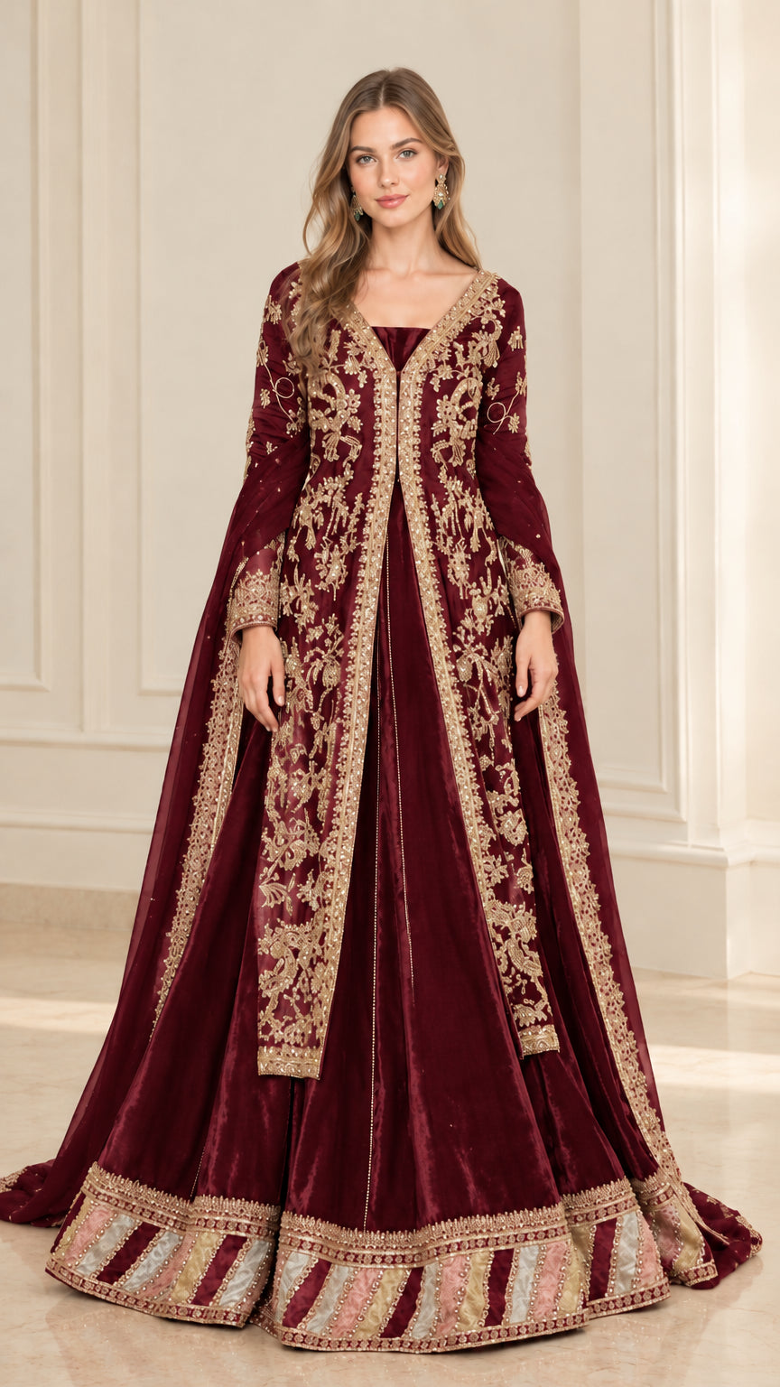 Maroon wine embroidered A-line evening gown with gold embellishments