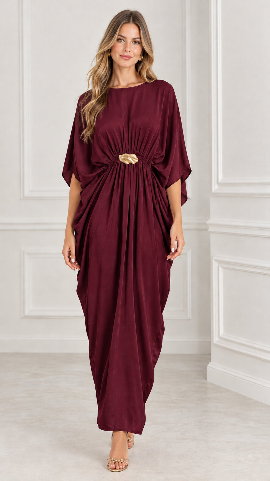 Front view of burgundy red batwing kaftan maxi dress with gold buckle