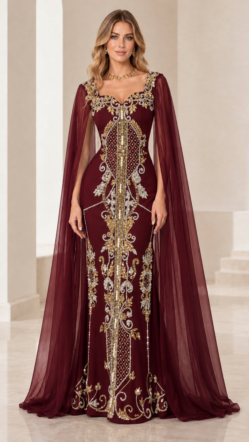 Burgundy wine red formal evening gown with long cape overlay