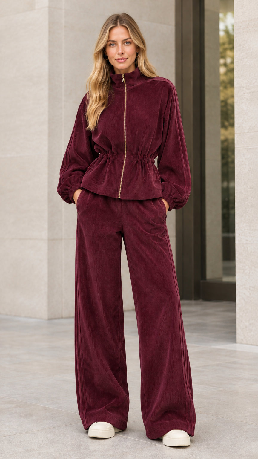Woman wearing burgundy wine corduroy two piece jacket and trousers set