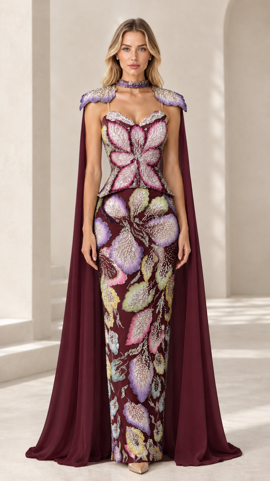 Burgundy wine beaded maxi gown with coordinating deep red cape