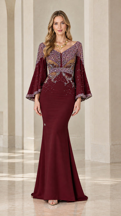 Burgundy wine red embellished mermaid gown with flared bell sleeves