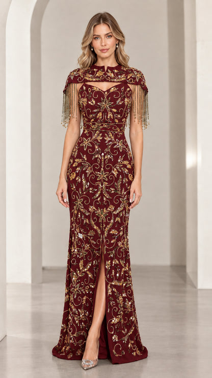 Burgundy wine red formal evening gown with sequined fringe capelet