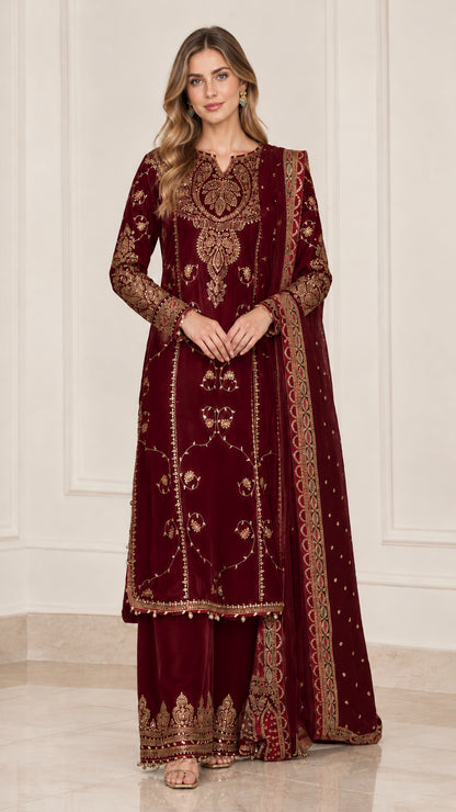 Maroon wine red embroidered velvet kurta palazzo set with matching dupatta