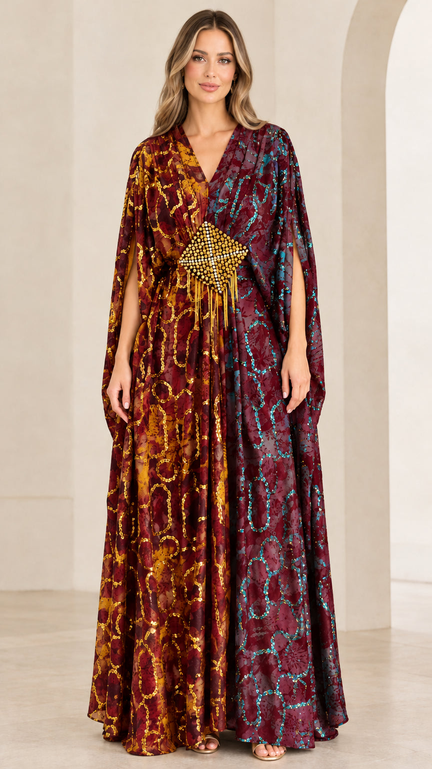 Burgundy and bronze two-tone embellished kaftan dress