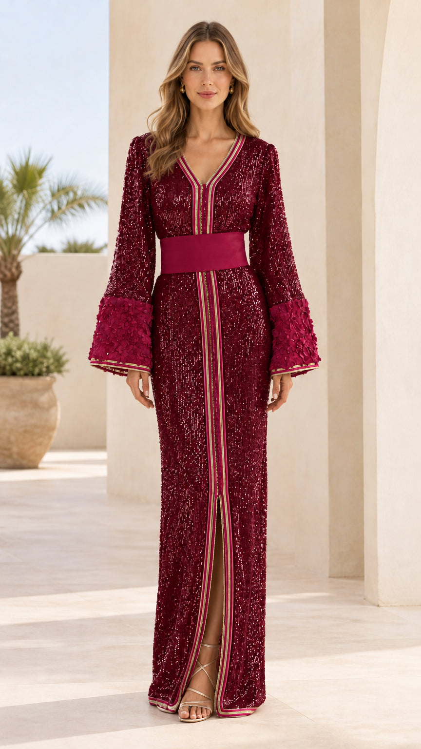 Deep burgundy sequined formal maxi dress with contrast berry trim