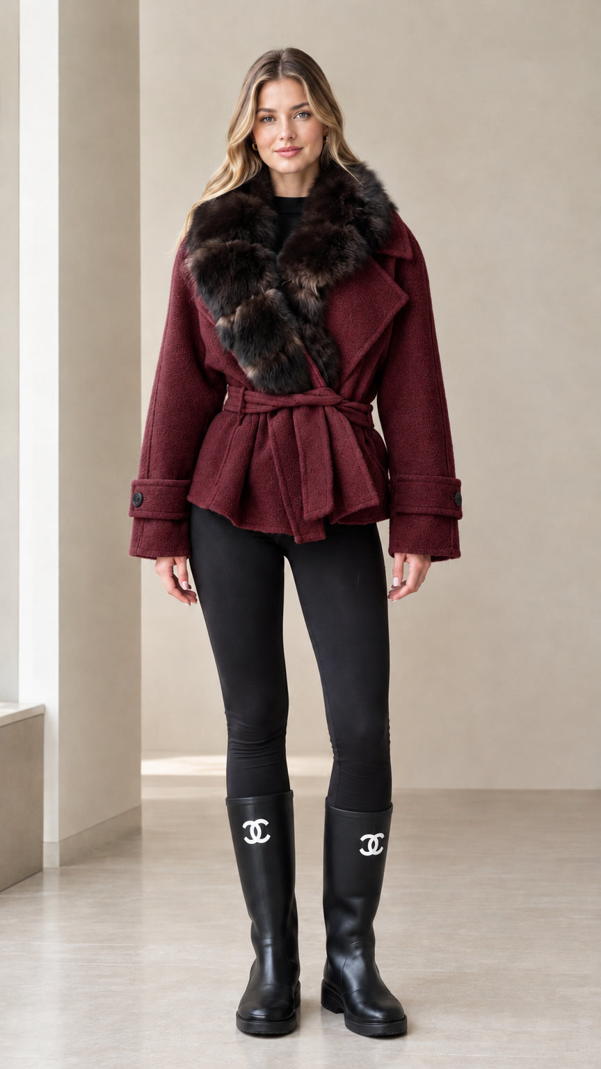 Front view of woman wearing burgundy wine faux fur collar belted short jacket