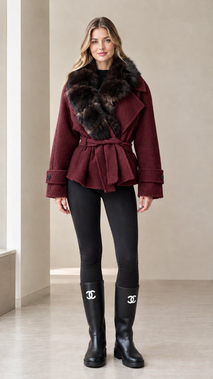Front view of woman wearing burgundy wine faux fur collar belted short jacket
