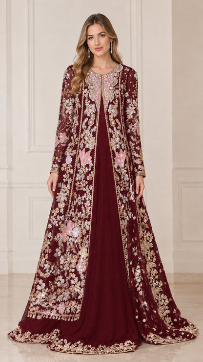 Burgundy wine red floral beaded maxi coat dress for formal events