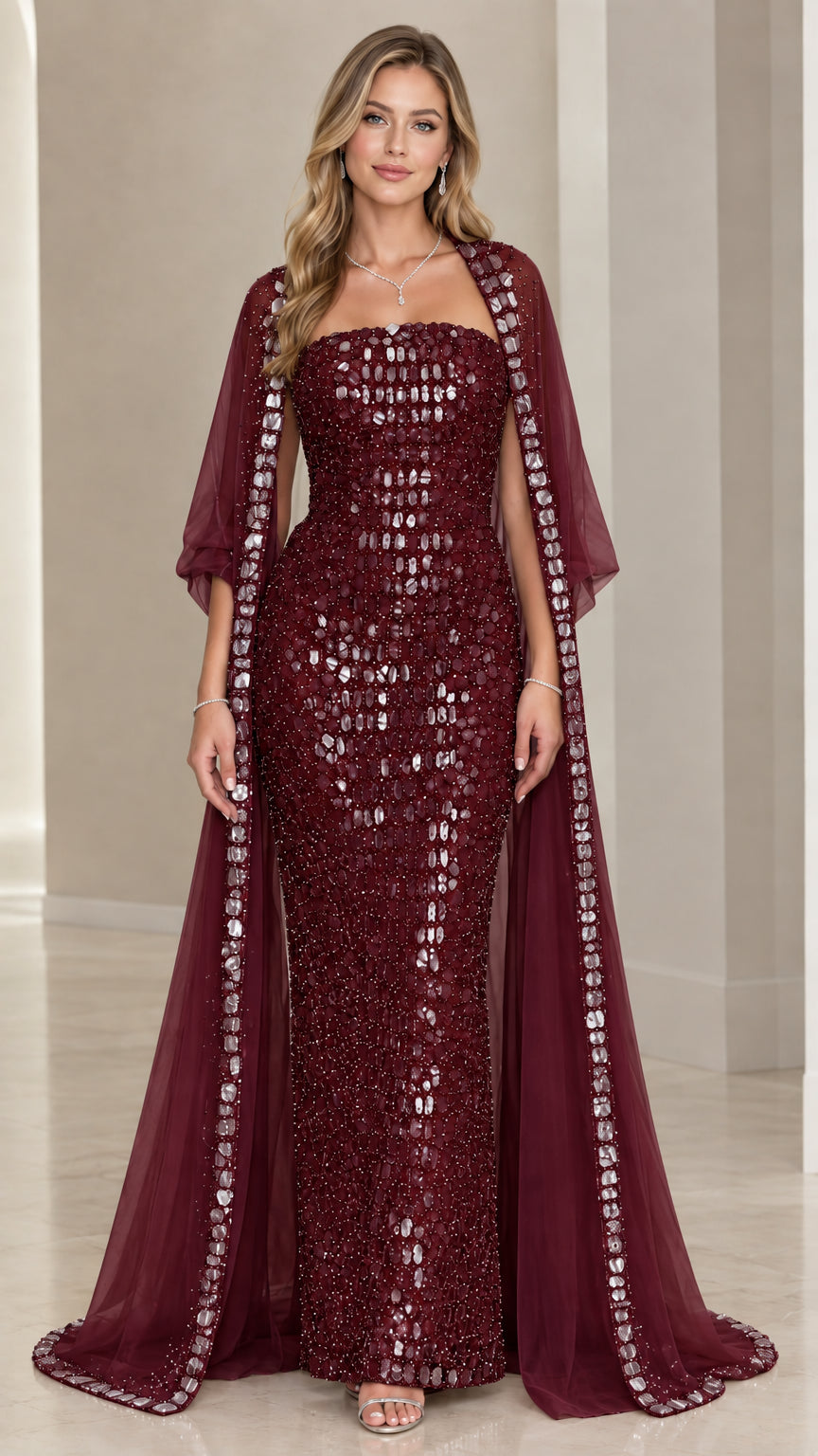 Burgundy wine red strapless sequin evening gown with sheer coordinating cape