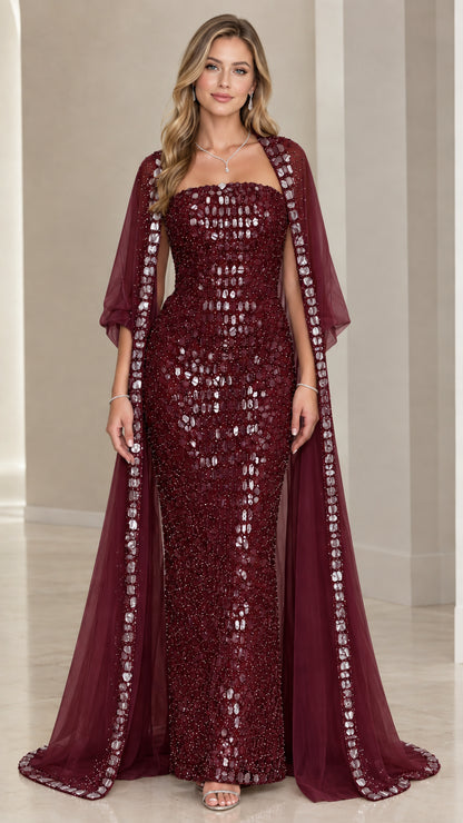 Burgundy wine red strapless sequin evening gown with sheer coordinating cape