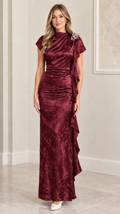 Model wearing Burgundy red satin floral jacquard cap sleeve maxi dress