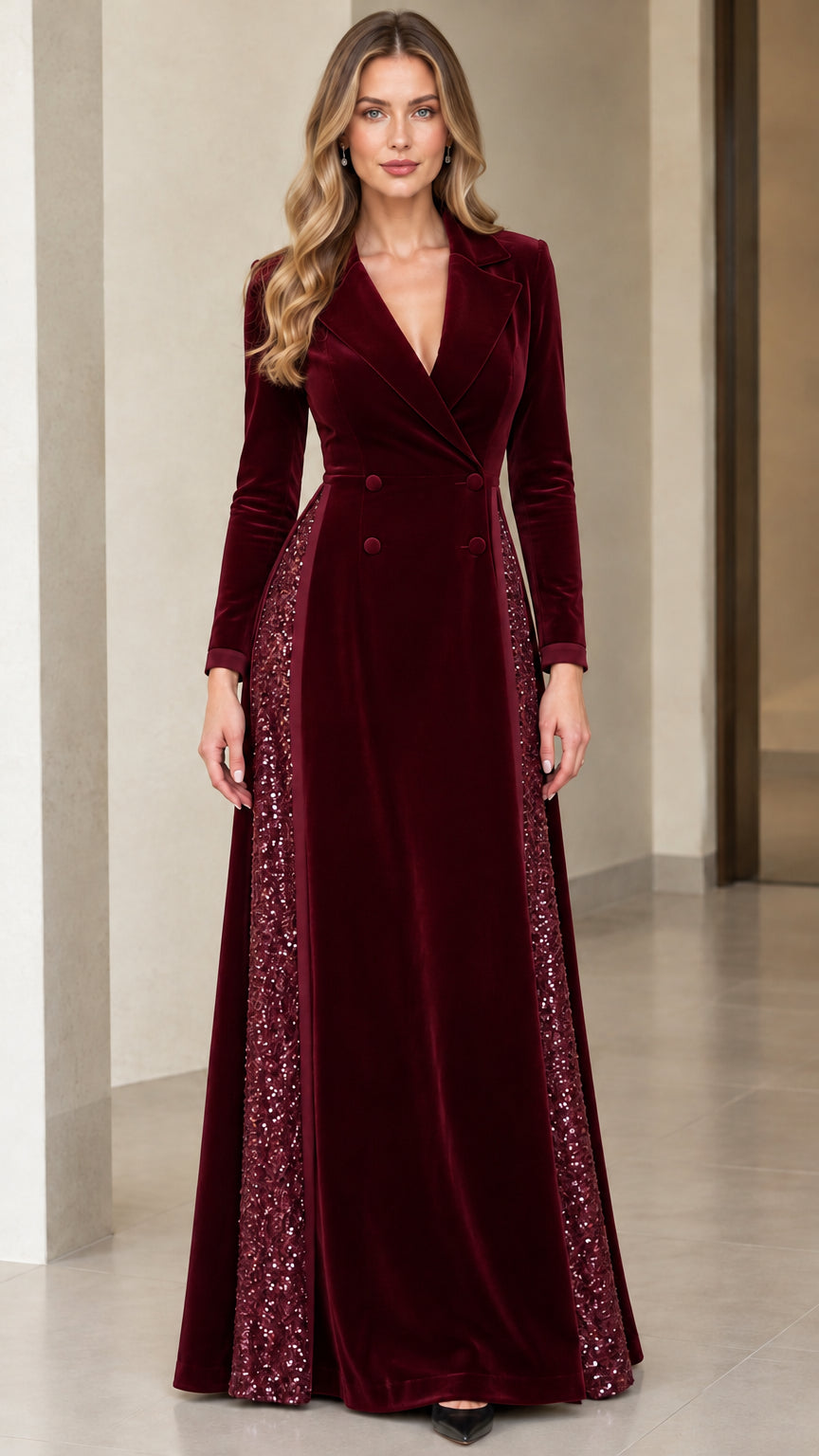 Front view of burgundy wine red velvet maxi blazer dress with sequin side inserts