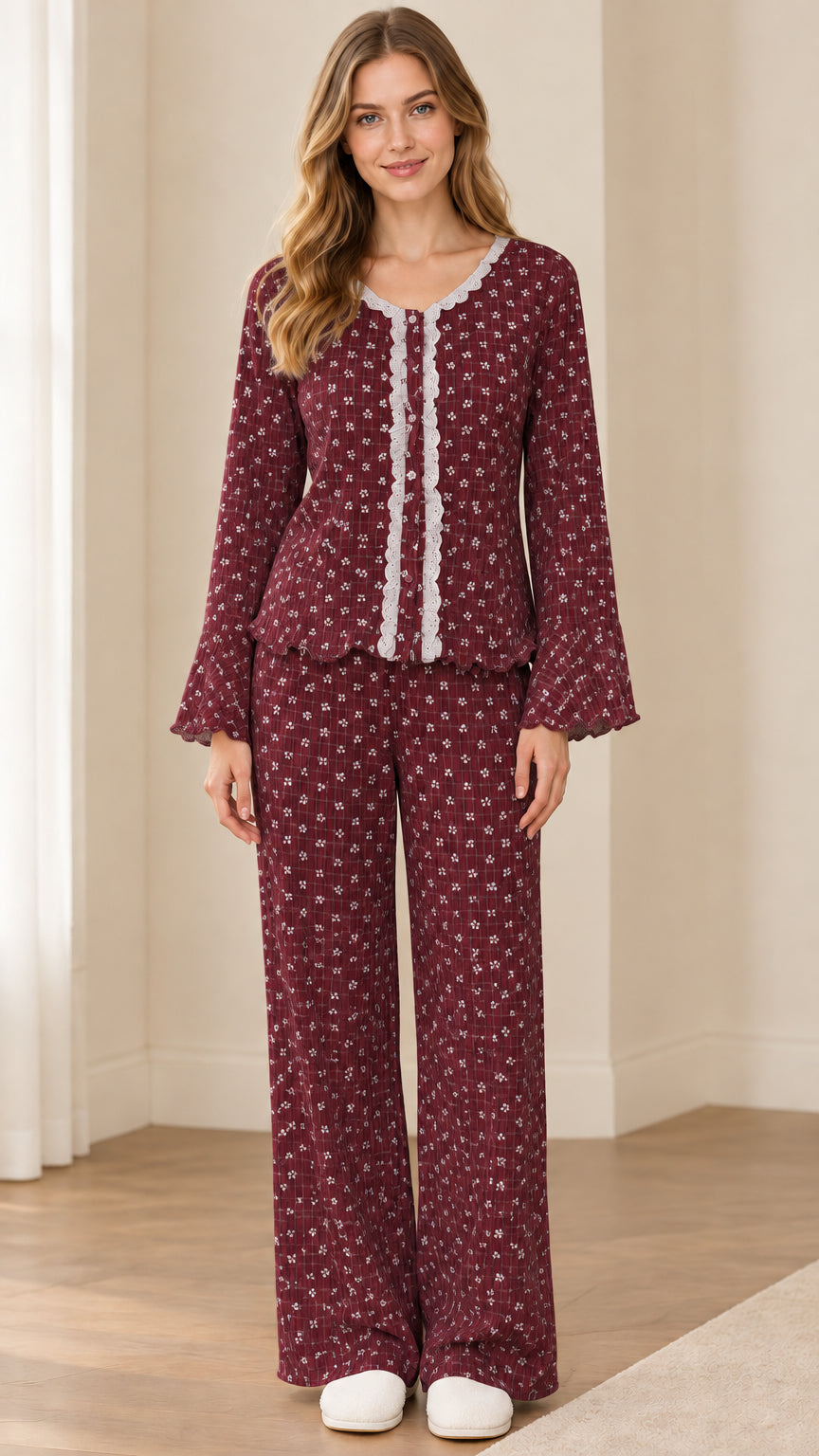 Front view of model wearing Burgundy floral lace-trim pajama set
