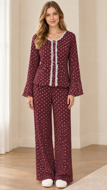 Front view of model wearing Burgundy floral lace-trim pajama set