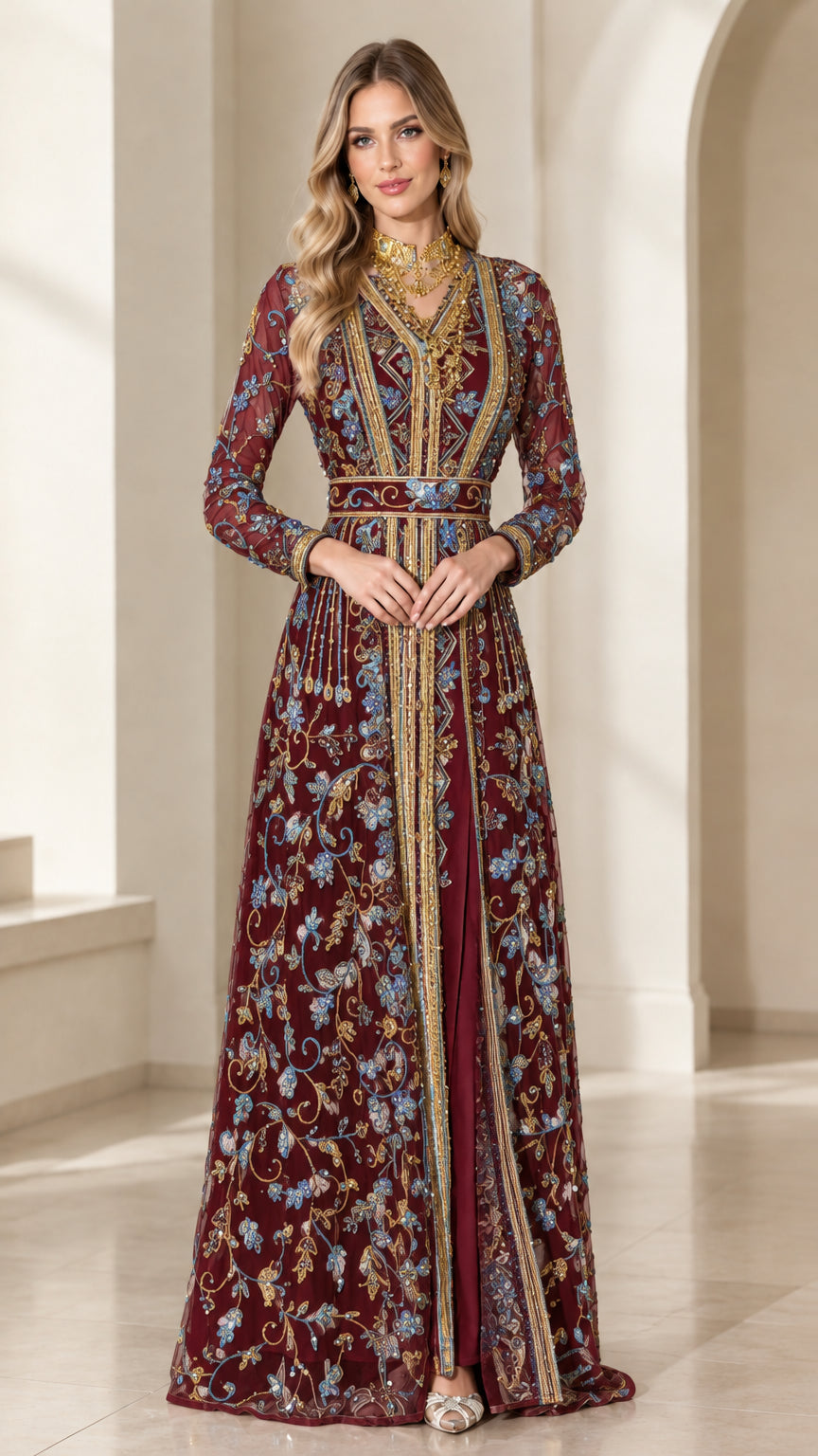 Burgundy red embroidered formal caftan maxi gown with long sleeves