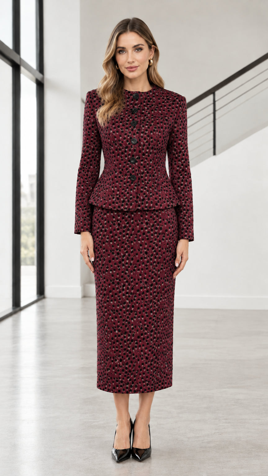 Full front view of model wearing burgundy wine animal print skirt suit set