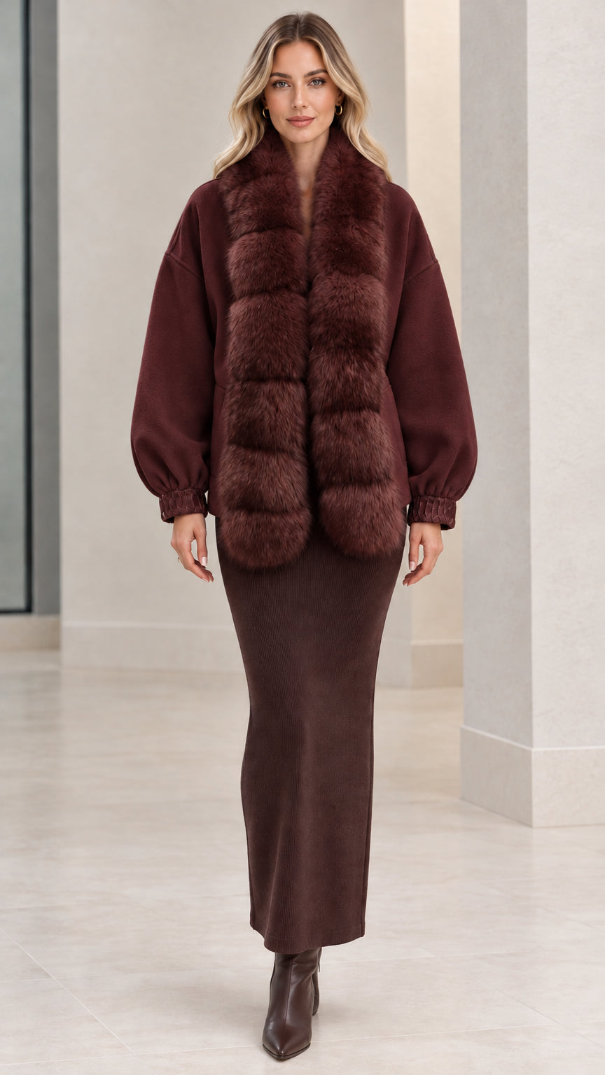 Front view of rich burgundy short coat with tonal faux fur collar
