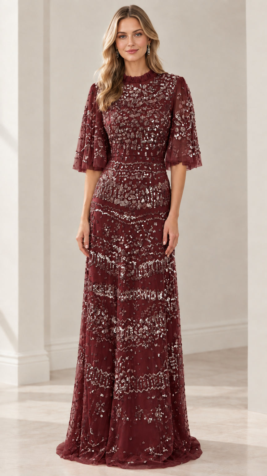 Front view of sequin flutter sleeve formal evening dress in rich burgundy wine