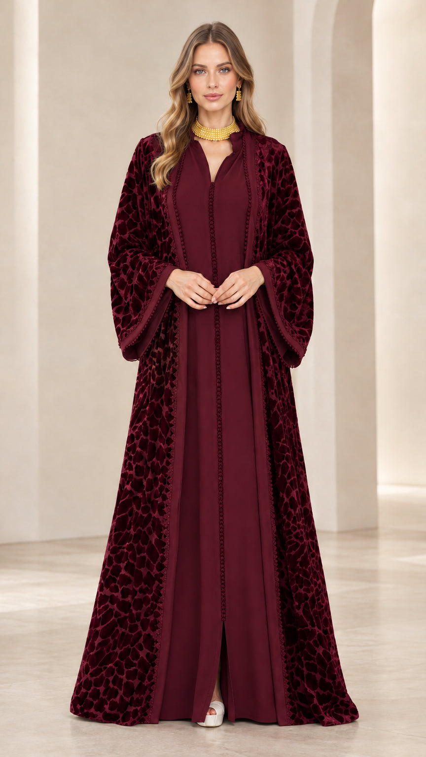 Burgundy wine red burnout velvet formal abaya dress