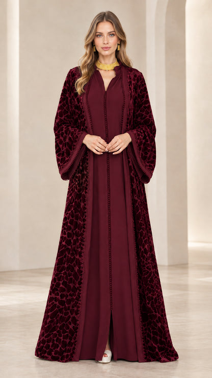Burgundy wine red burnout velvet formal abaya dress