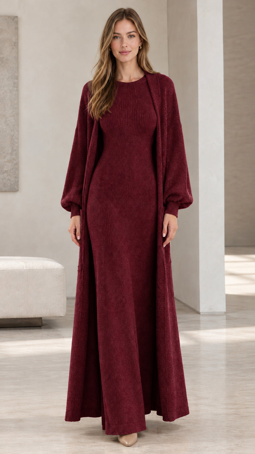 Front view of woman wearing burgundy wine ribbed knit maxi dress and matching duster set