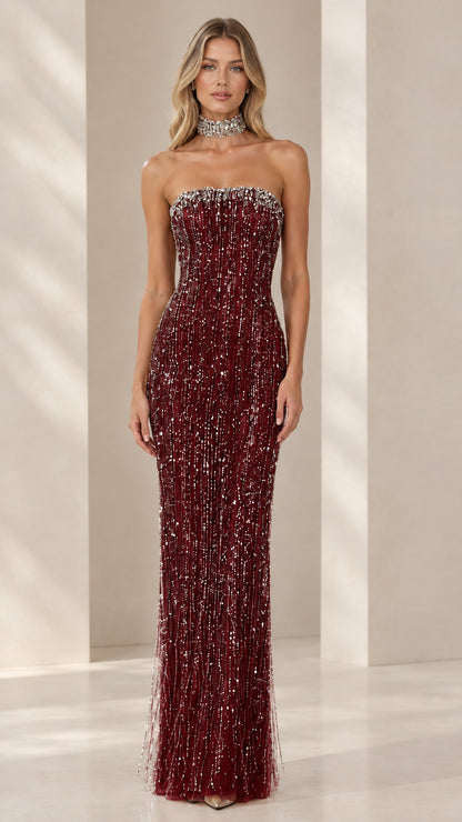 Front view of Burgundy wine red strapless beaded evening gown with sparkling crystal trim