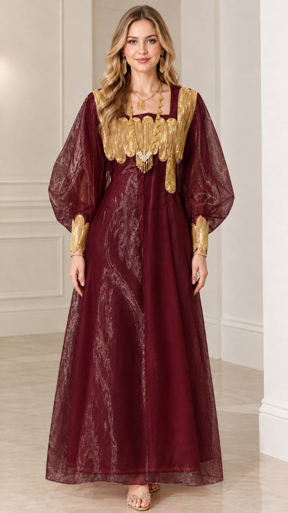 Front view of burgundy wine red gold embellished lantern sleeve maxi dress