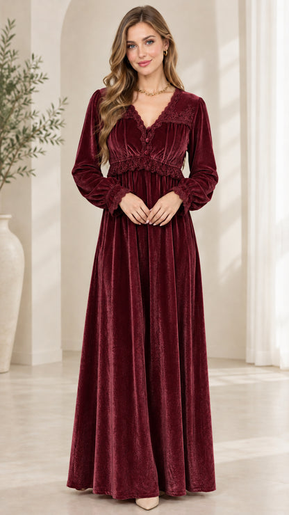 Front view of model wearing burgundy wine red velvet long sleeve maxi dress