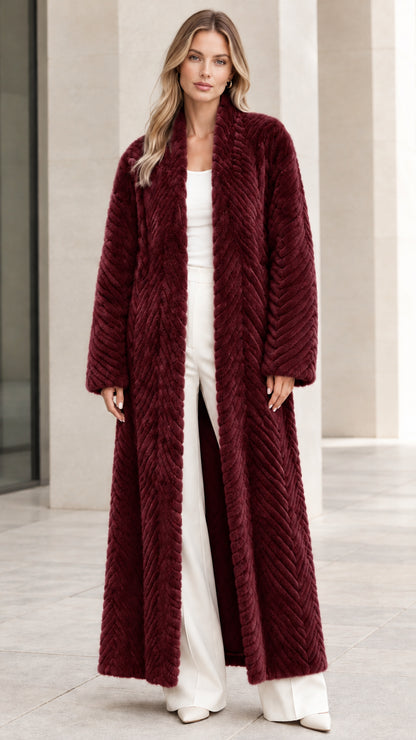 Front view of model wearing burgundy wine red chevron textured faux fur maxi coat