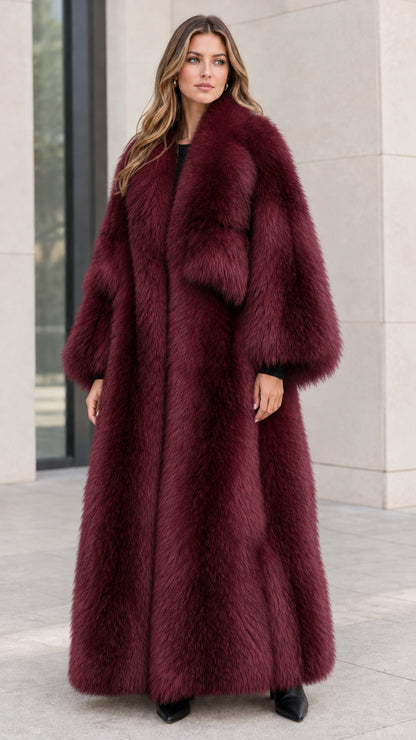 Model wearing Burgundy red frosted floor-length faux fur maxi coat
