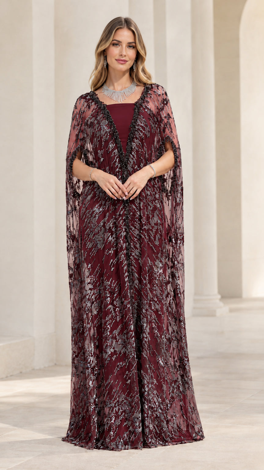 Burgundy sequined cape overlay formal dress front view