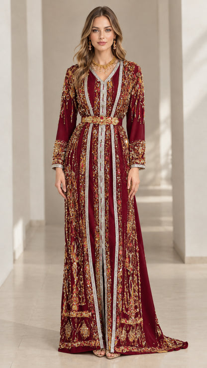 Full-length front view of model wearing Burgundy wine red embroidered caftan evening gown