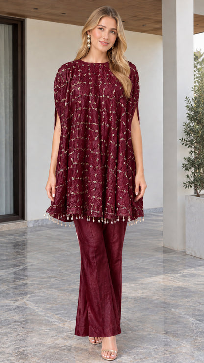 Burgundy red embroidered cape-sleeve tunic and flared pant set